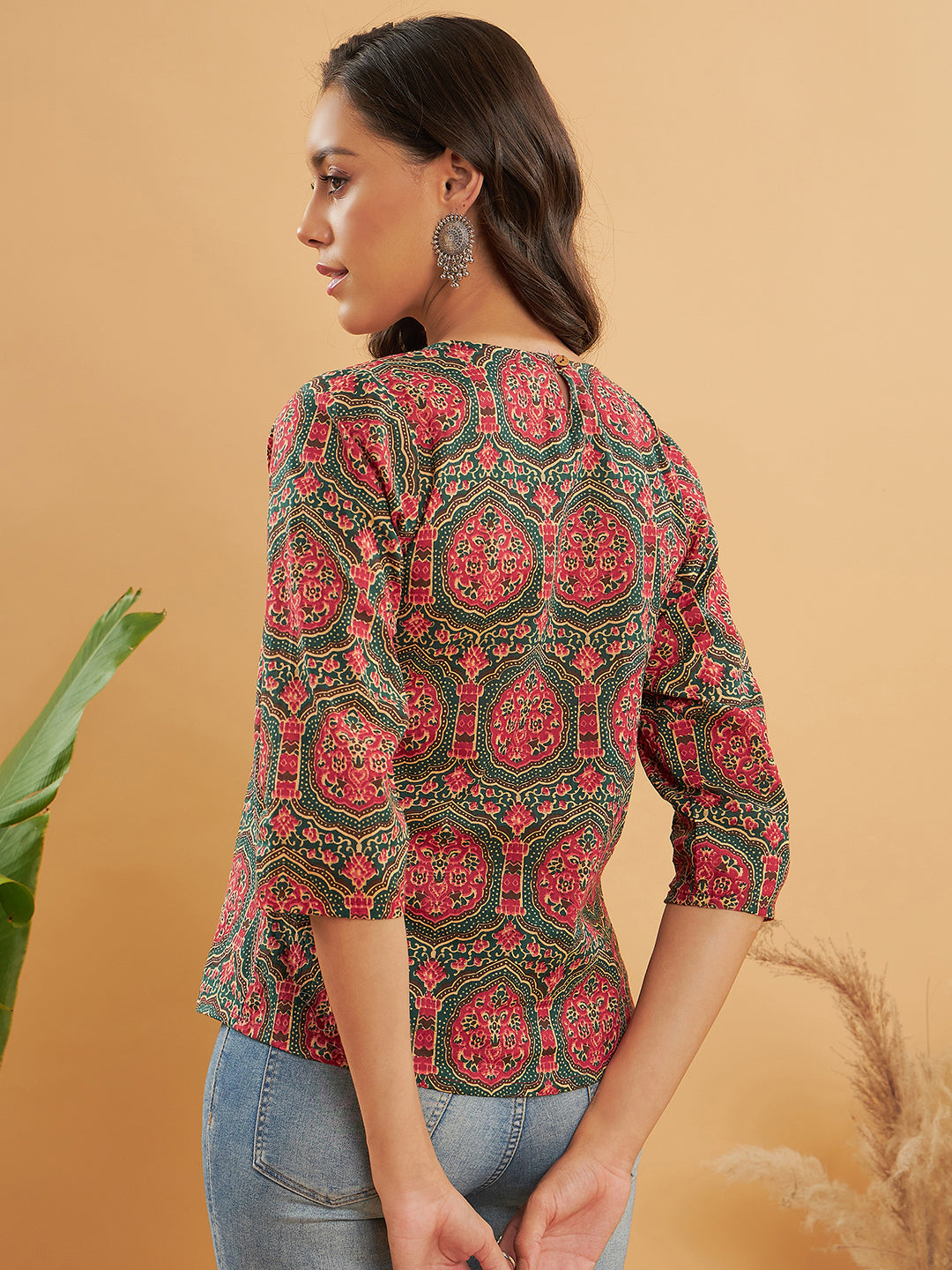 InWeave Women's Green Red Mughal Kalamkari Top | Grocsy