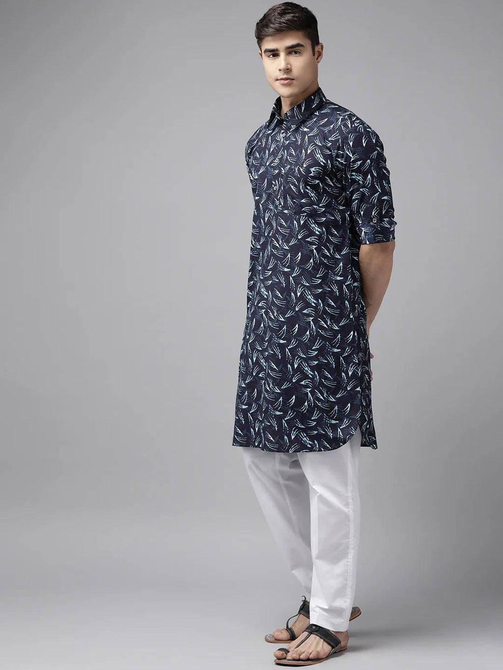 Fabmade Pure Cotton Pathani Kurta Print With Pyjama | Grocsy