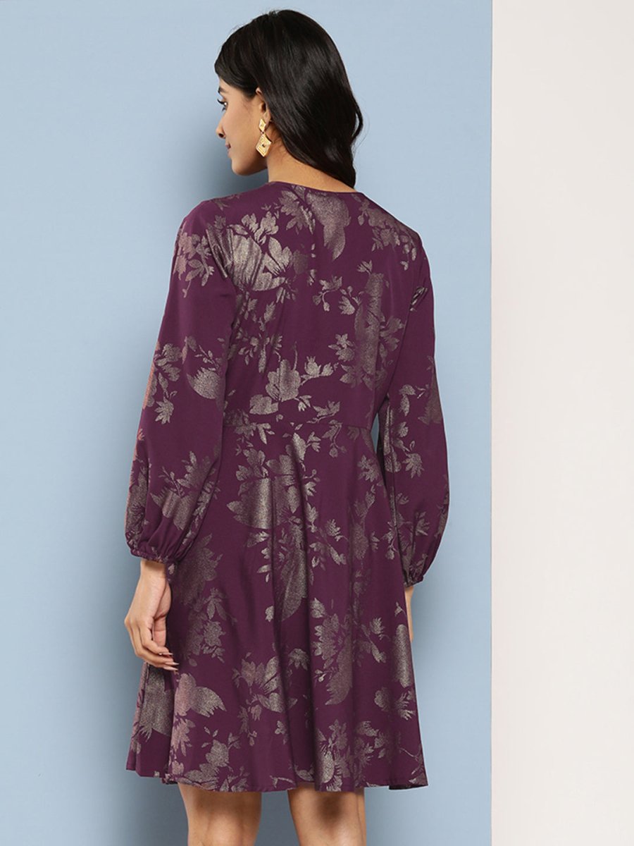 Ahalyaa Floral Print Puff Sleeves Empire Crepe Ethnic Dress | Grocsy
