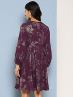 Ahalyaa Floral Print Puff Sleeves Empire Crepe Ethnic Dress | Grocsy