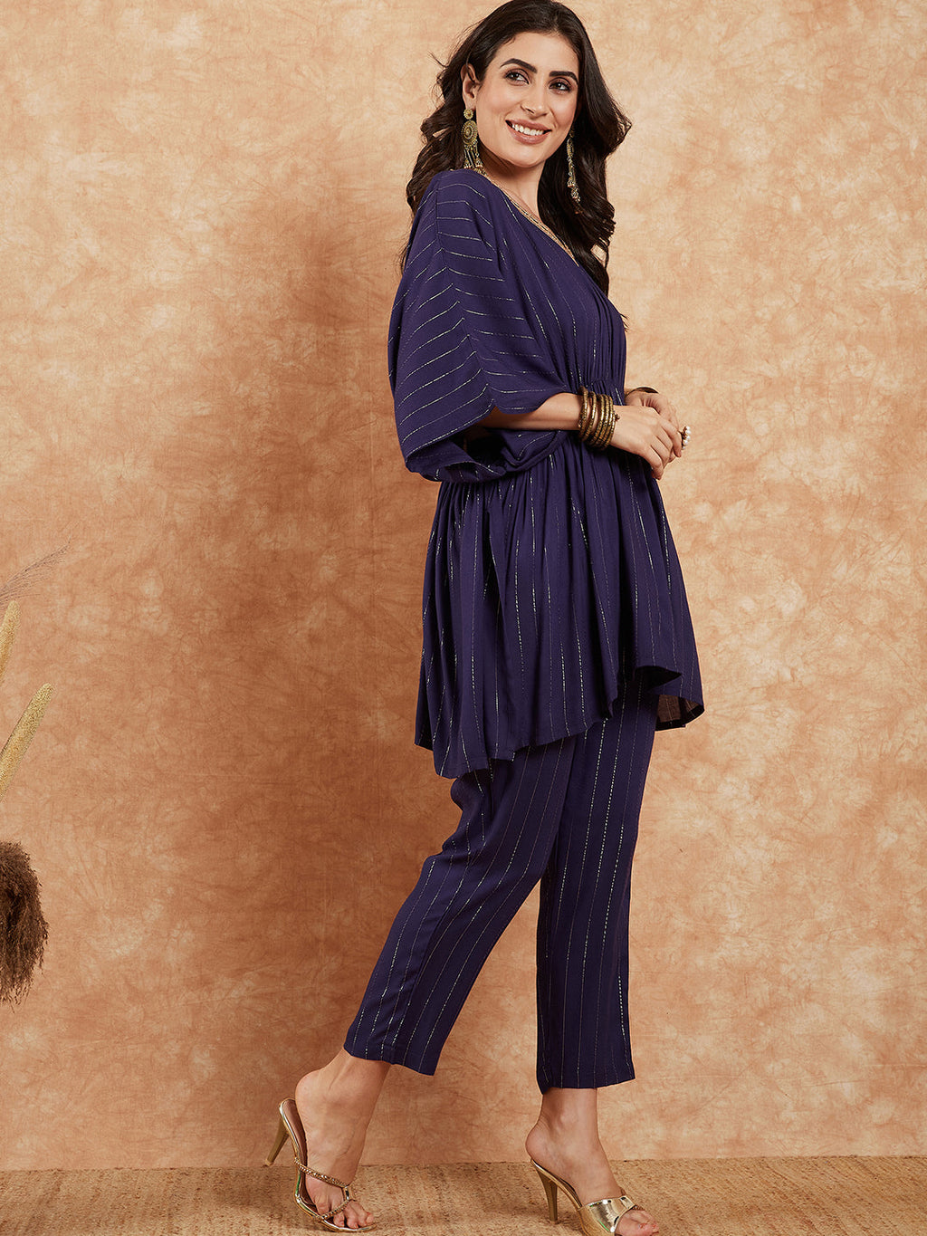 InWeave Women's Royal Blue Lurex V Neck Gota Kaftan Style Kurta Set | Grocsy