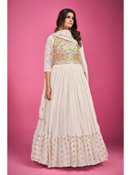 Myra White Chinon Silk Embroidered Gown | Grocsy