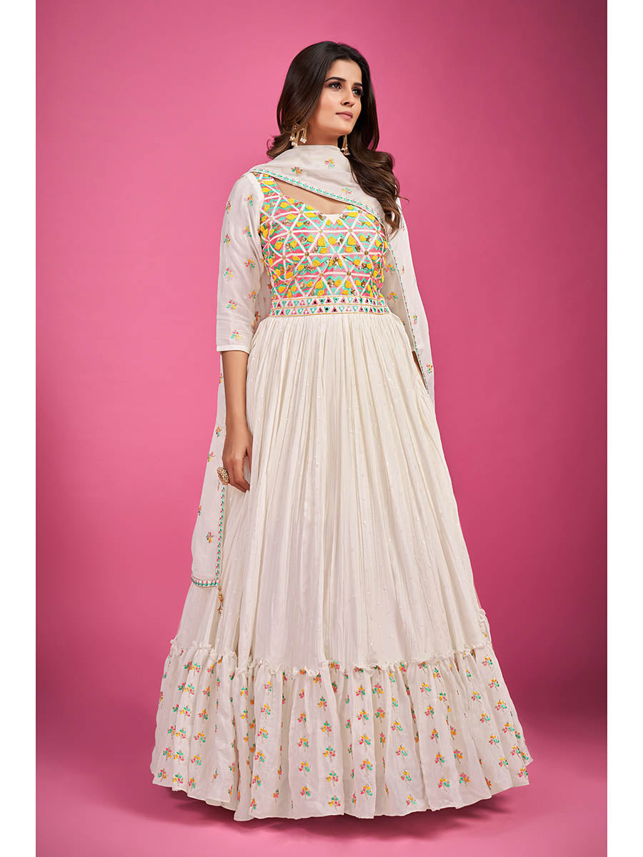 Myra White Chinon Silk Embroidered Gown | Grocsy
