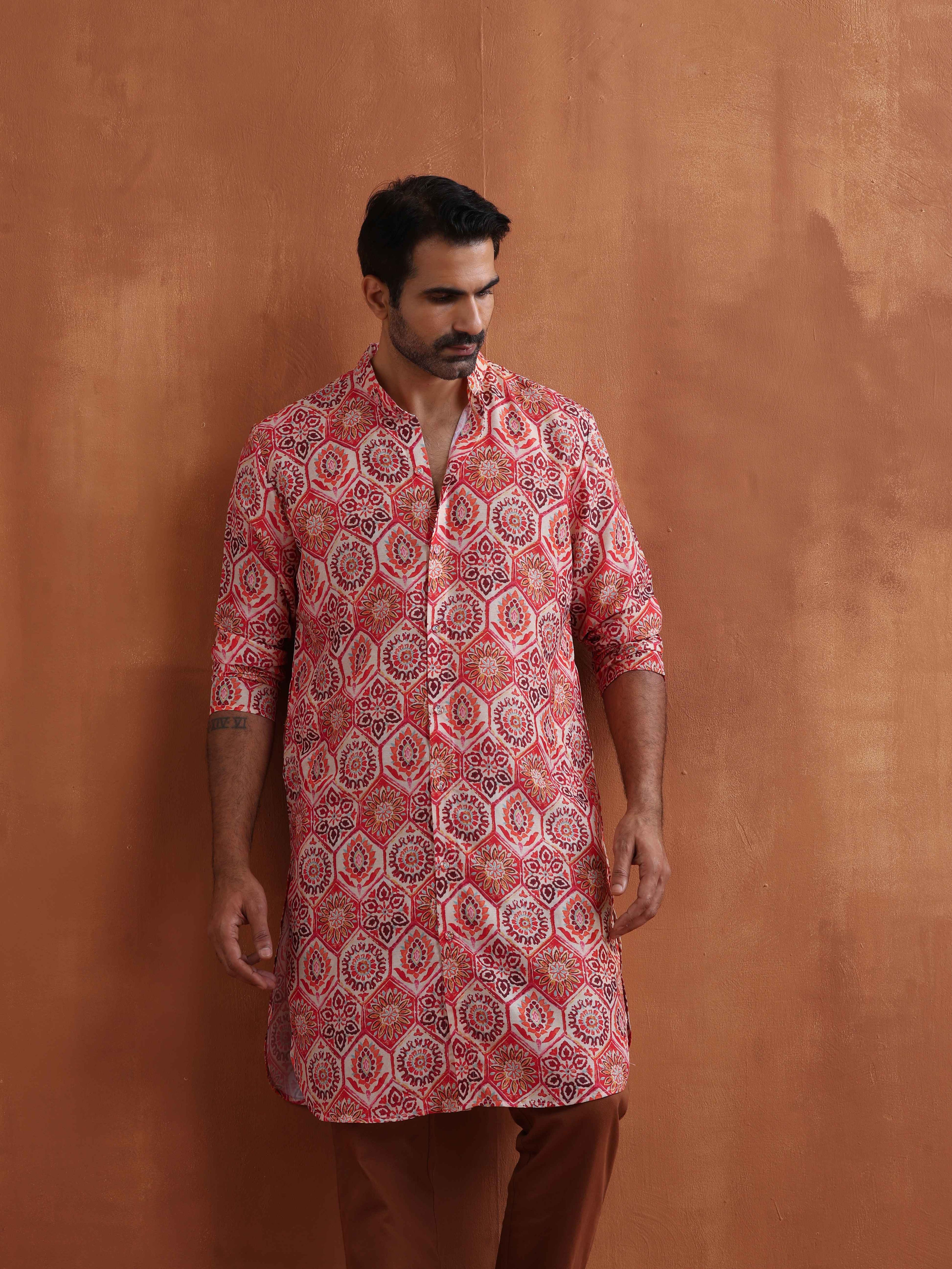 trueBrowns Men's Beige Printed Front Open Kurta | Grocsy