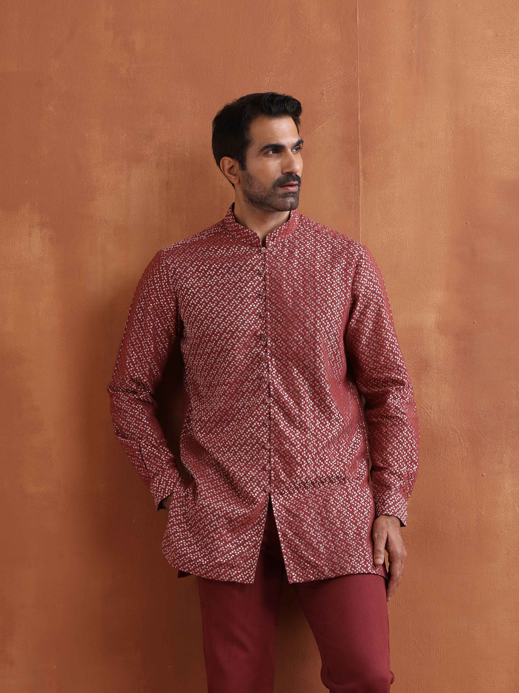 trueBrowns Men's Rust Cotton Dobby Short Kurta | Grocsy
