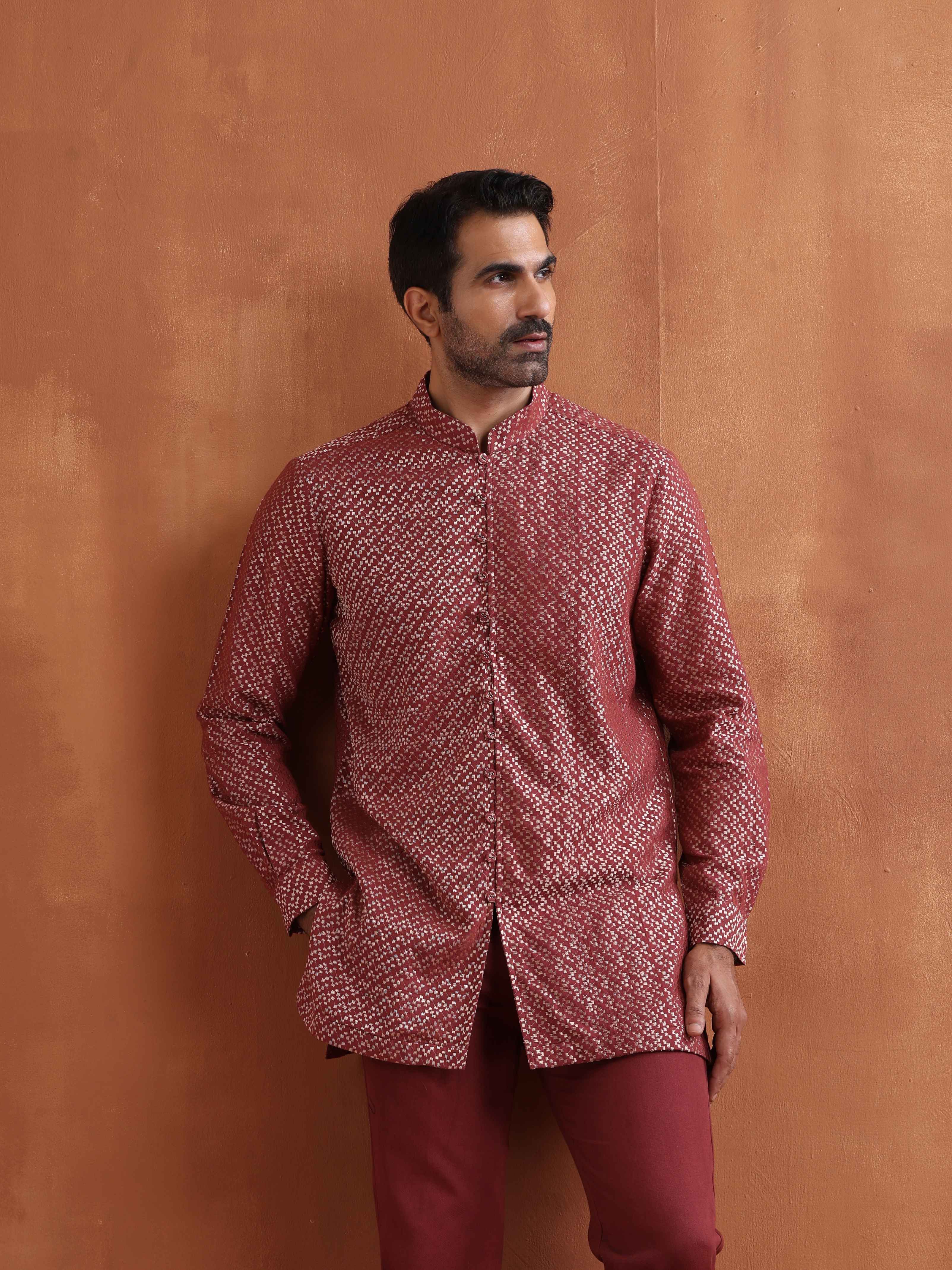 trueBrowns Men's Rust Cotton Dobby Short Kurta | Grocsy