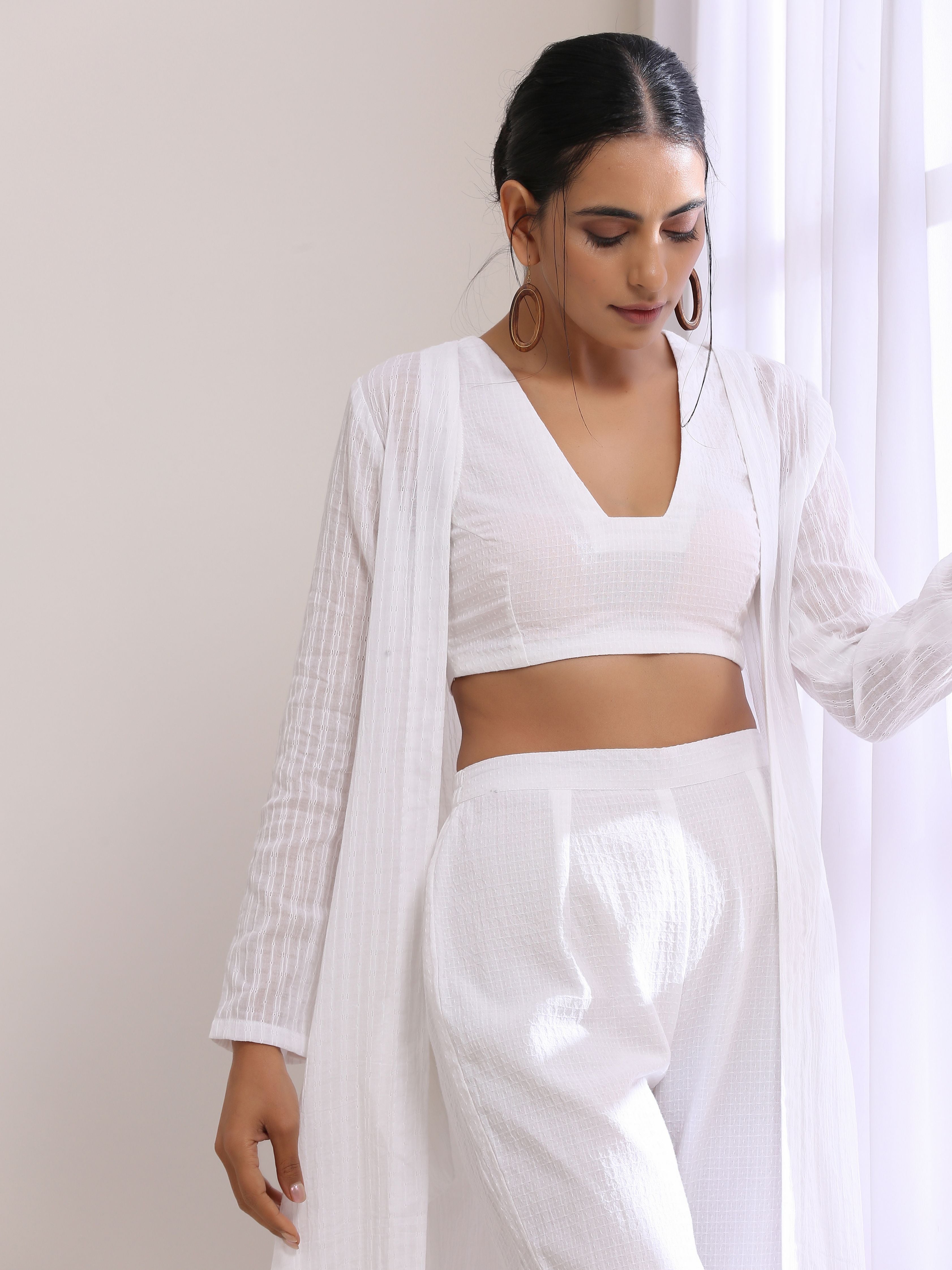 trueBrowns White Dobby Overlay Jacket Blouse Pant Set | Grocsy