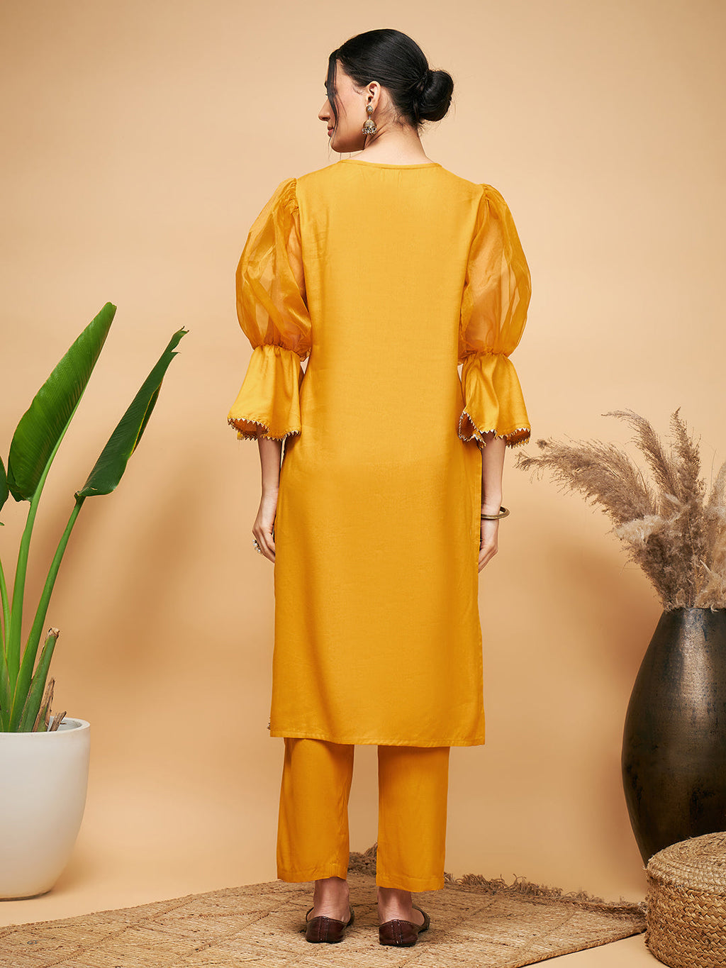 InWeave Women's Mustard Organza Sleeve Kurta Set | Grocsy