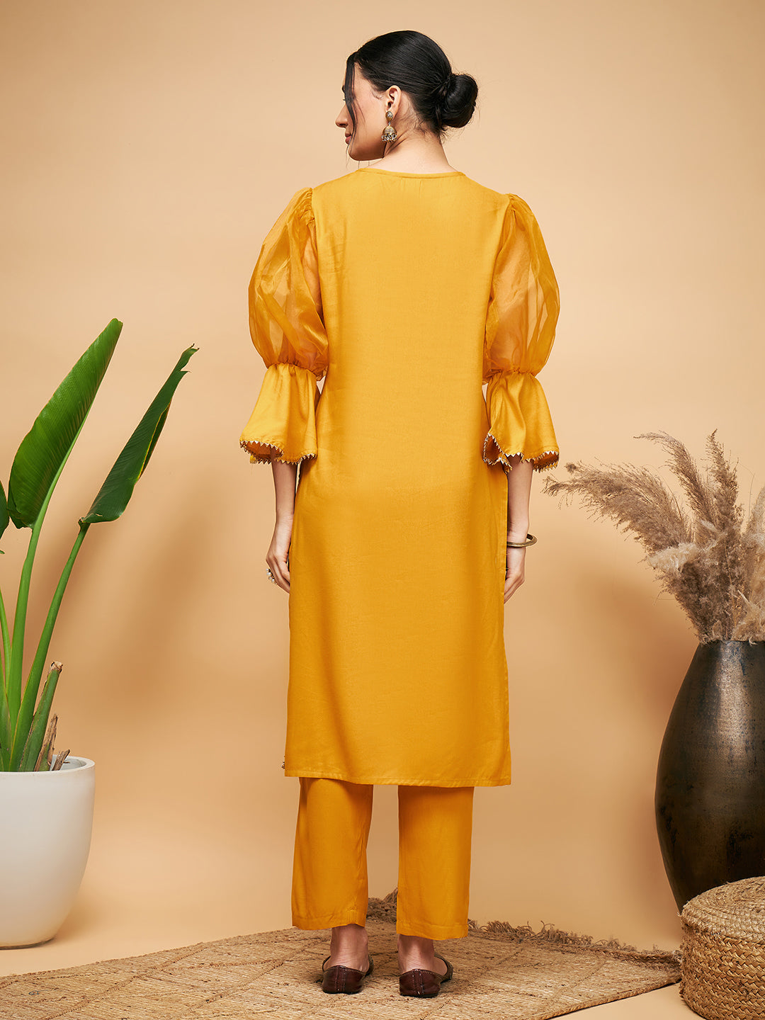 InWeave Women's Mustard Organza Sleeve Kurta Set | Grocsy