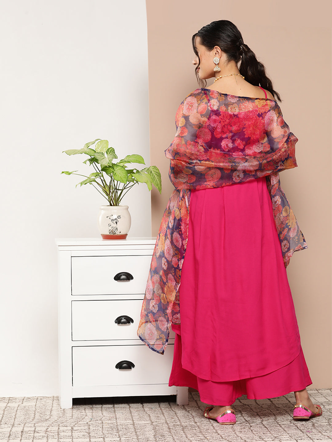 InWeave Women's Fuchsia Strappy Set With Navy Floral Organza Dupatta | Grocsy