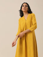trueBrowns Mustard Yellow Slub Texture Neck Pleat Kurta Pant Set | Grocsy