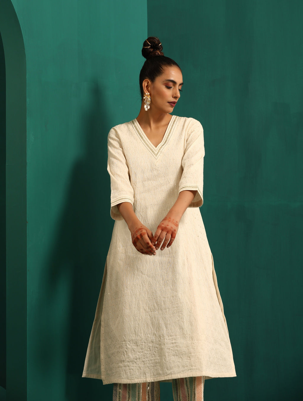 trueBrowns Ivory Tonal Cotton Kurta with Embroidered Pants | Grocsy