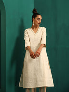 trueBrowns Ivory Tonal Cotton Kurta with Embroidered Pants | Grocsy