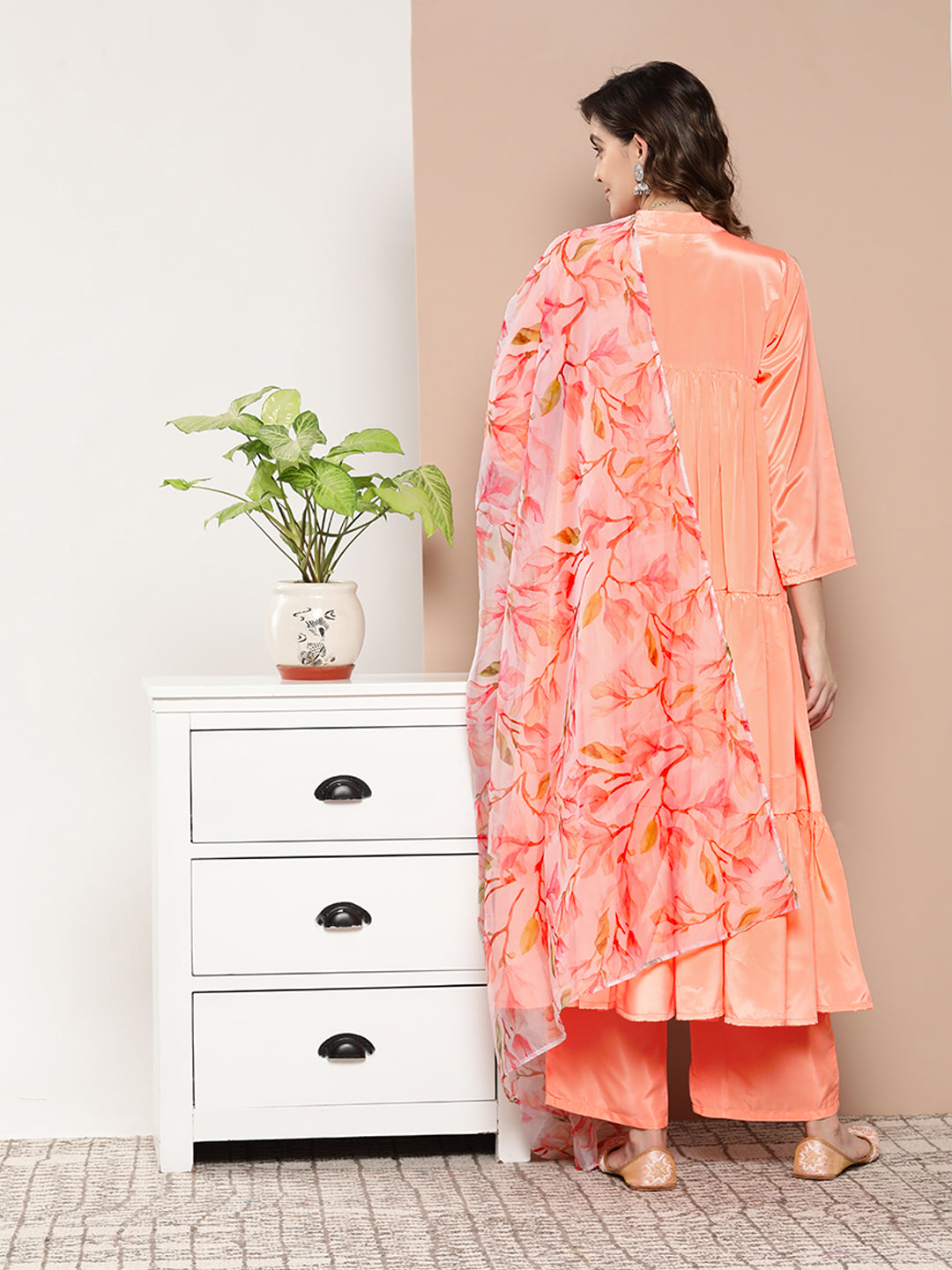 InWeave Women's Peach Tiered Anarkali Kurta Set | Grocsy
