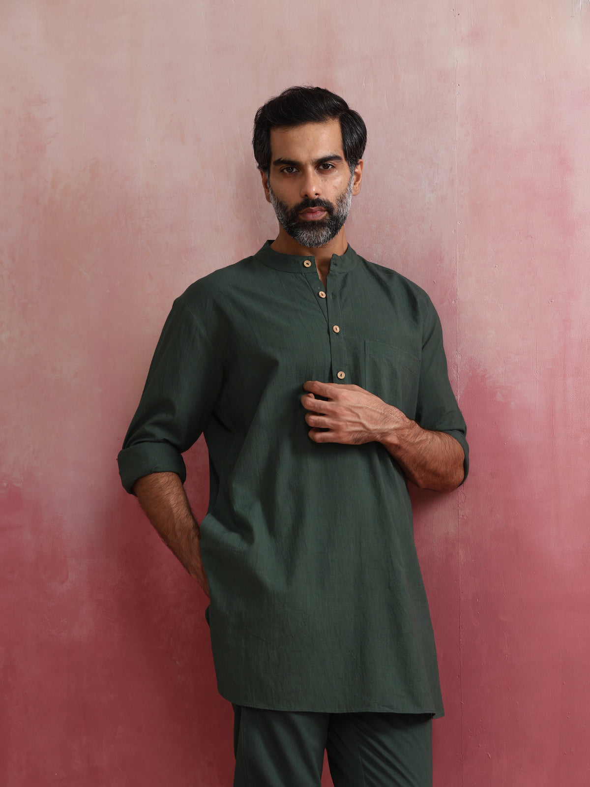 trueBrowns Men's Green Cotton Mandarin Collar Kurta Co-ord set | Grocsy