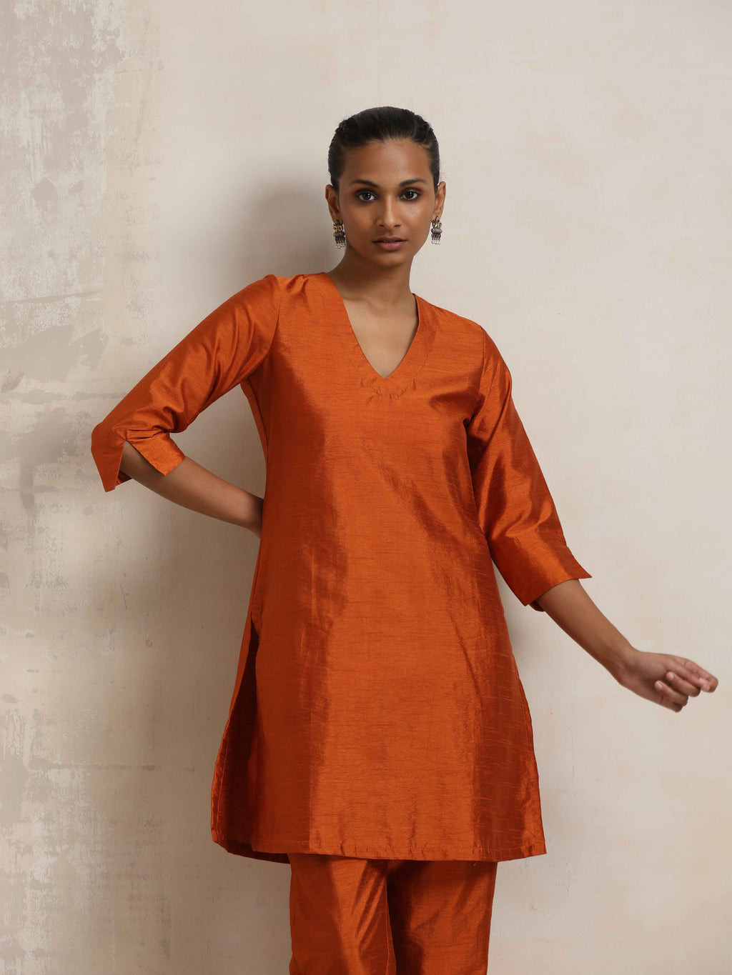 trueBrowns Orange Silk Kurta Co-ord Set | Grocsy