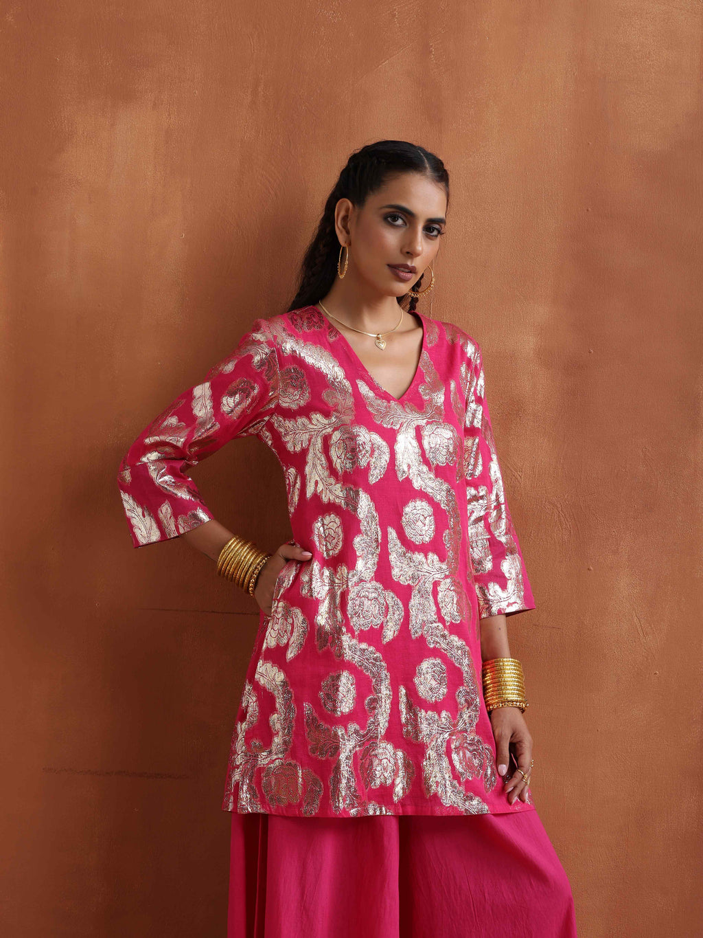 trueBrowns Pink Metallic Sharara Set | Grocsy