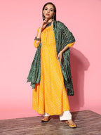 InWeave Women's Yellow Bandhani Long Anarkali Kurta With Green Bandhani Dupatta | Grocsy