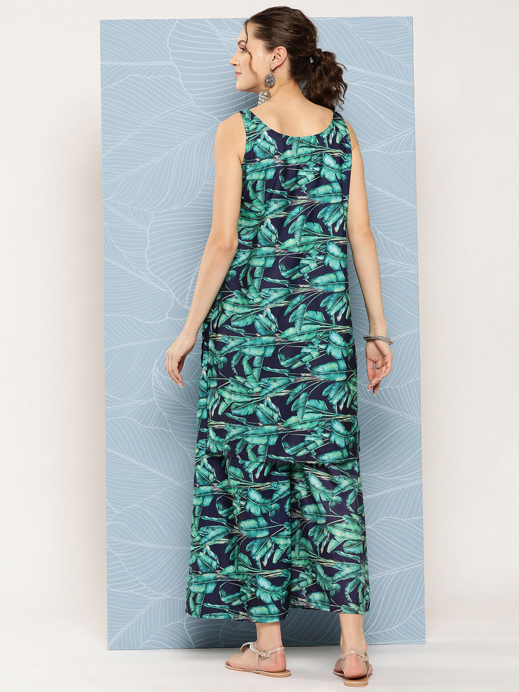 InWeave Women's Navy Green Big Leaf Print Crepe Kurta Set | Grocsy