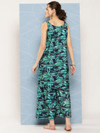 InWeave Women's Navy Green Big Leaf Print Crepe Kurta Set | Grocsy