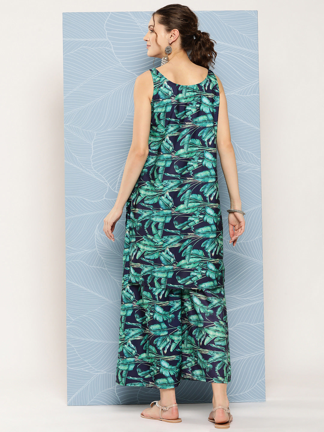 InWeave Women's Navy Green Big Leaf Print Crepe Kurta Set | Grocsy