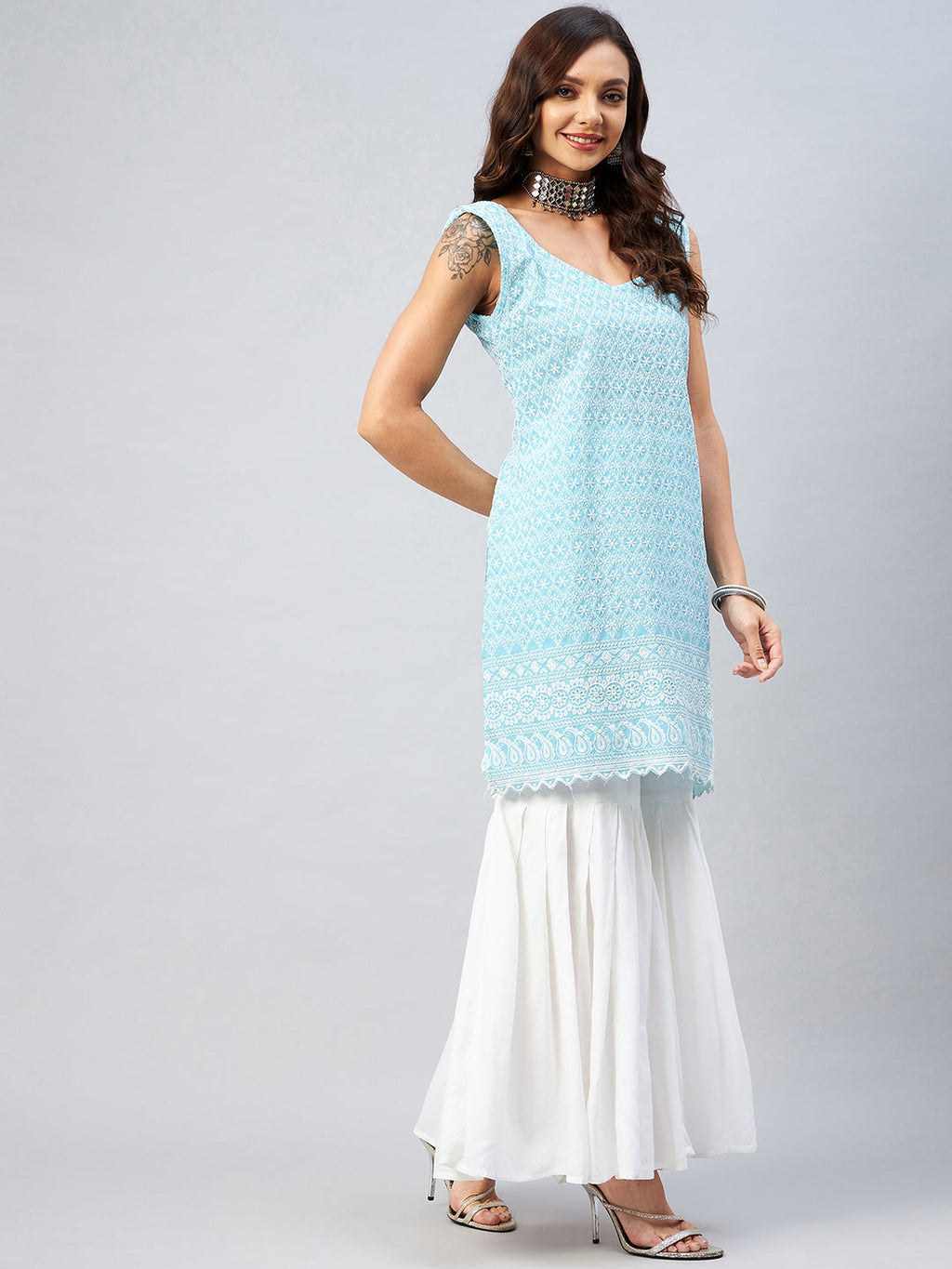 InWeave Women's Sky Blue Sweetheart Neckline Kurta | Grocsy