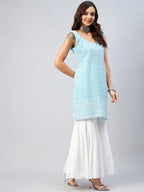 InWeave Women's Sky Blue Sweetheart Neckline Kurta | Grocsy