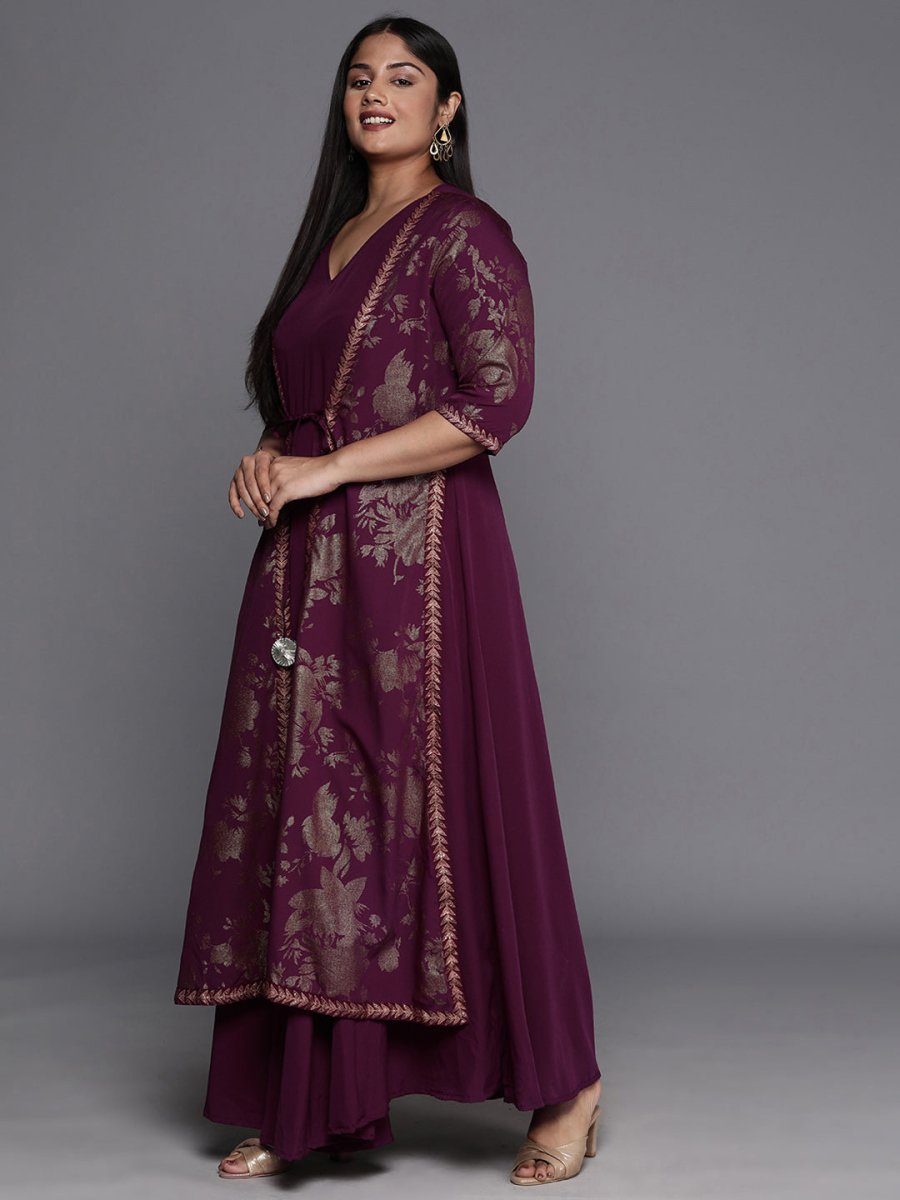 Ahalyaa Plus Size Floral Print Crepe Layered A-line Maxi Ethnic Dress | Grocsy