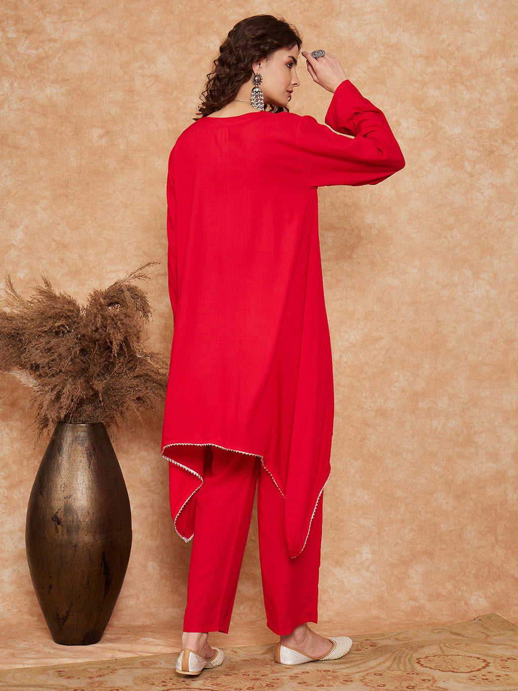 InWeave Women's Red Square Maroon Patch Work Assymentrical Kurta Set | Grocsy