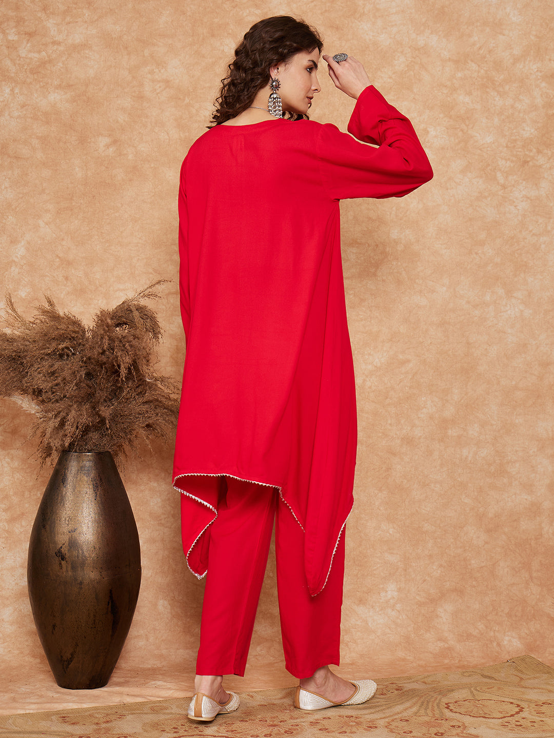 InWeave Women's Red Square Maroon Patch Work Assymentrical Kurta Set | Grocsy