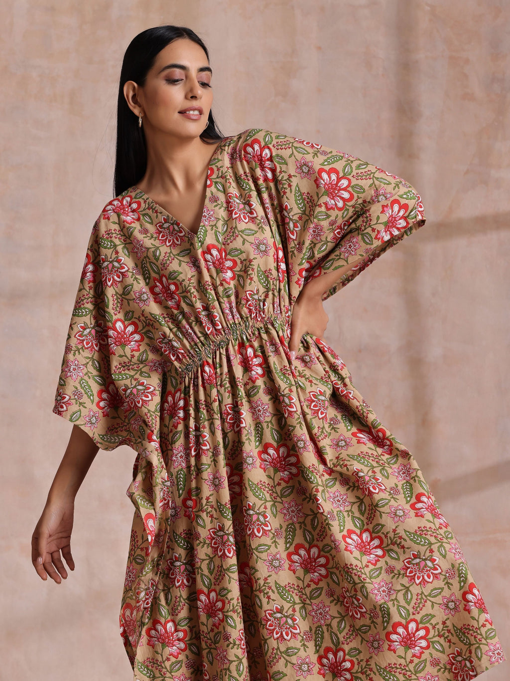 trueBrowns Beige Overall Big Floral Block Print Cotton Kaftan Dress | Grocsy