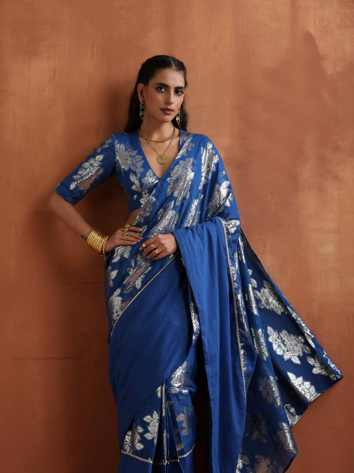 trueBrowns Blue Metallic Ready To Wear Saree | Grocsy