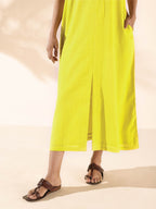 trueBrowns Lime Cotton Front Slit Dress | Grocsy