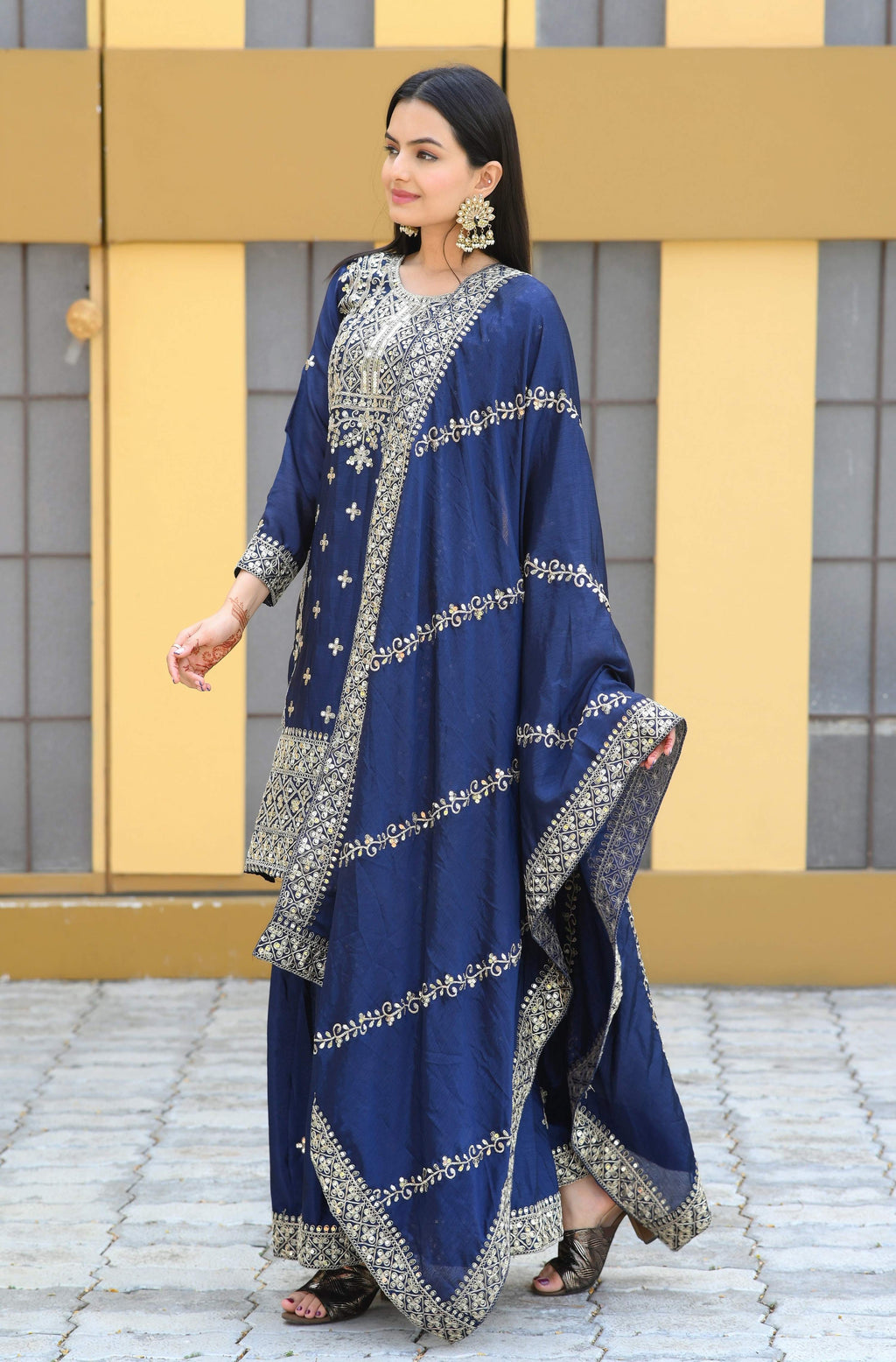 Teeya Creation Blue Color Chinon Silk Heavy Embroidery Work Fully Stitched Salwar Suit | Grocsy