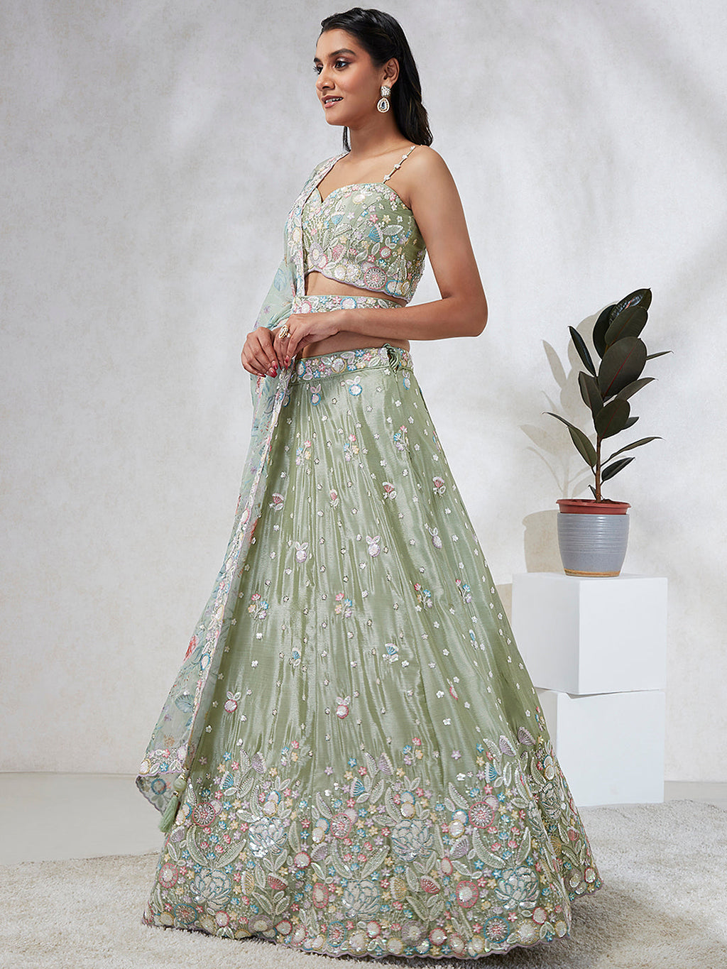 House of Panchhi Lime Green Chiffon Sequins And Thread Embroidery Lehenga Choli & Dupatta | Grocsy