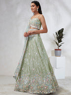 House of Panchhi Lime Green Chiffon Sequins And Thread Embroidery Lehenga Choli & Dupatta | Grocsy