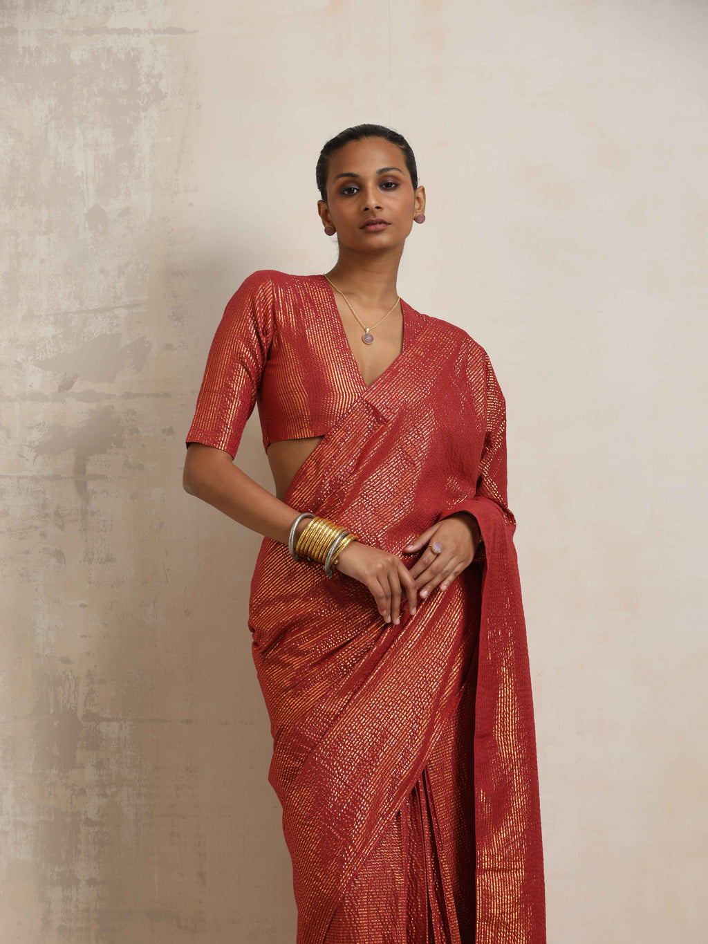 trueBrowns Maroon Gold Metallic Ready To Wear Plus Size Saree | Grocsy