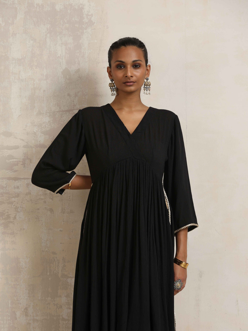 trueBrowns Black Crinkle Anarkali Flared Kurta Set | Grocsy