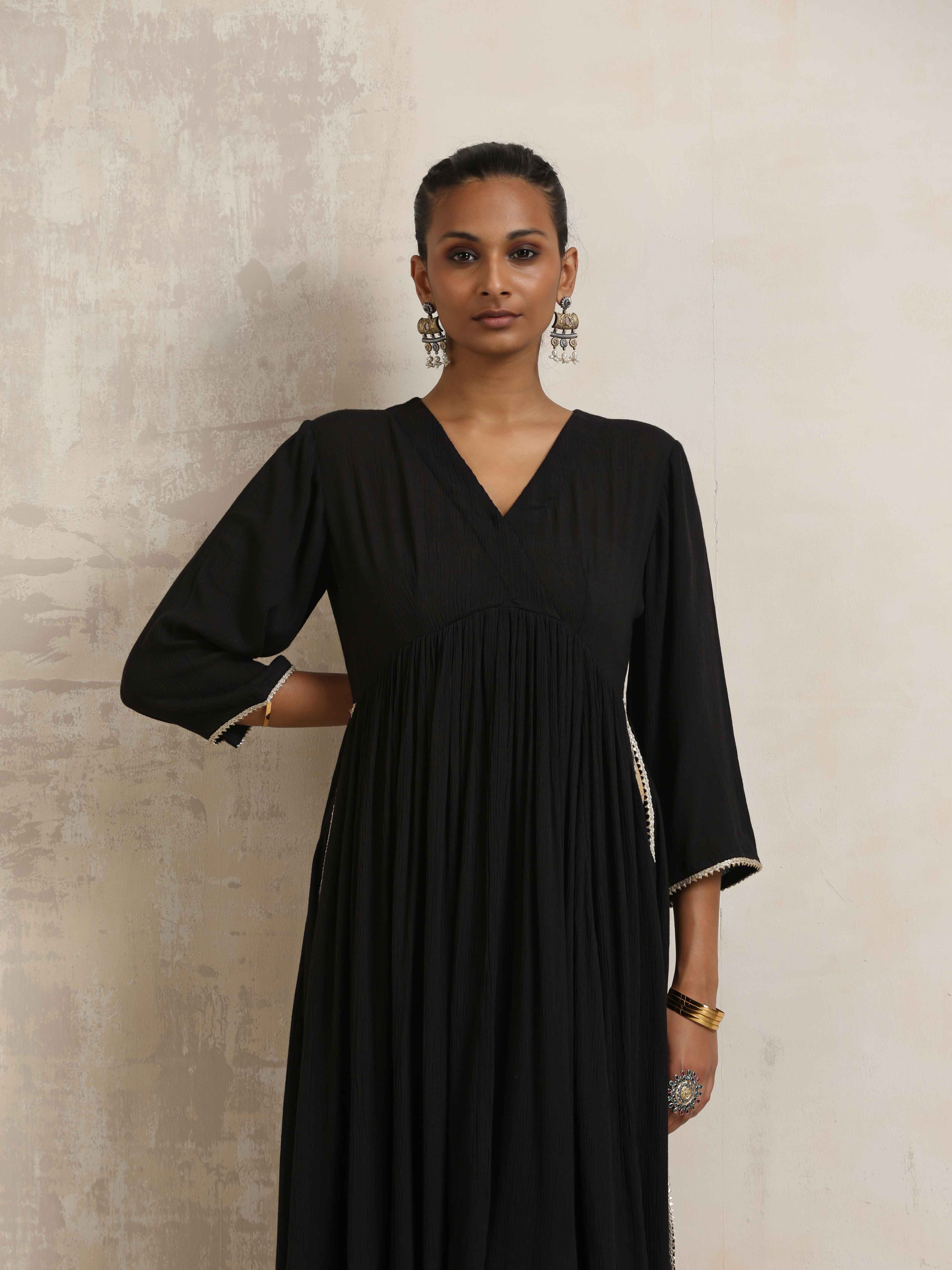 trueBrowns Black Crinkle Anarkali Flared Kurta Set | Grocsy