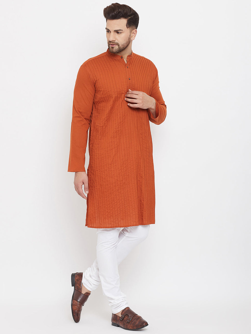 Even Apparels Rust Pure Cotton Kurta With Band Collar | Grocsy