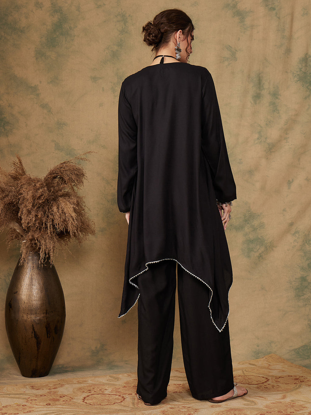 InWeave Women's Black Trangle Maroon Patch Work Assymentrical Kurta Set | Grocsy