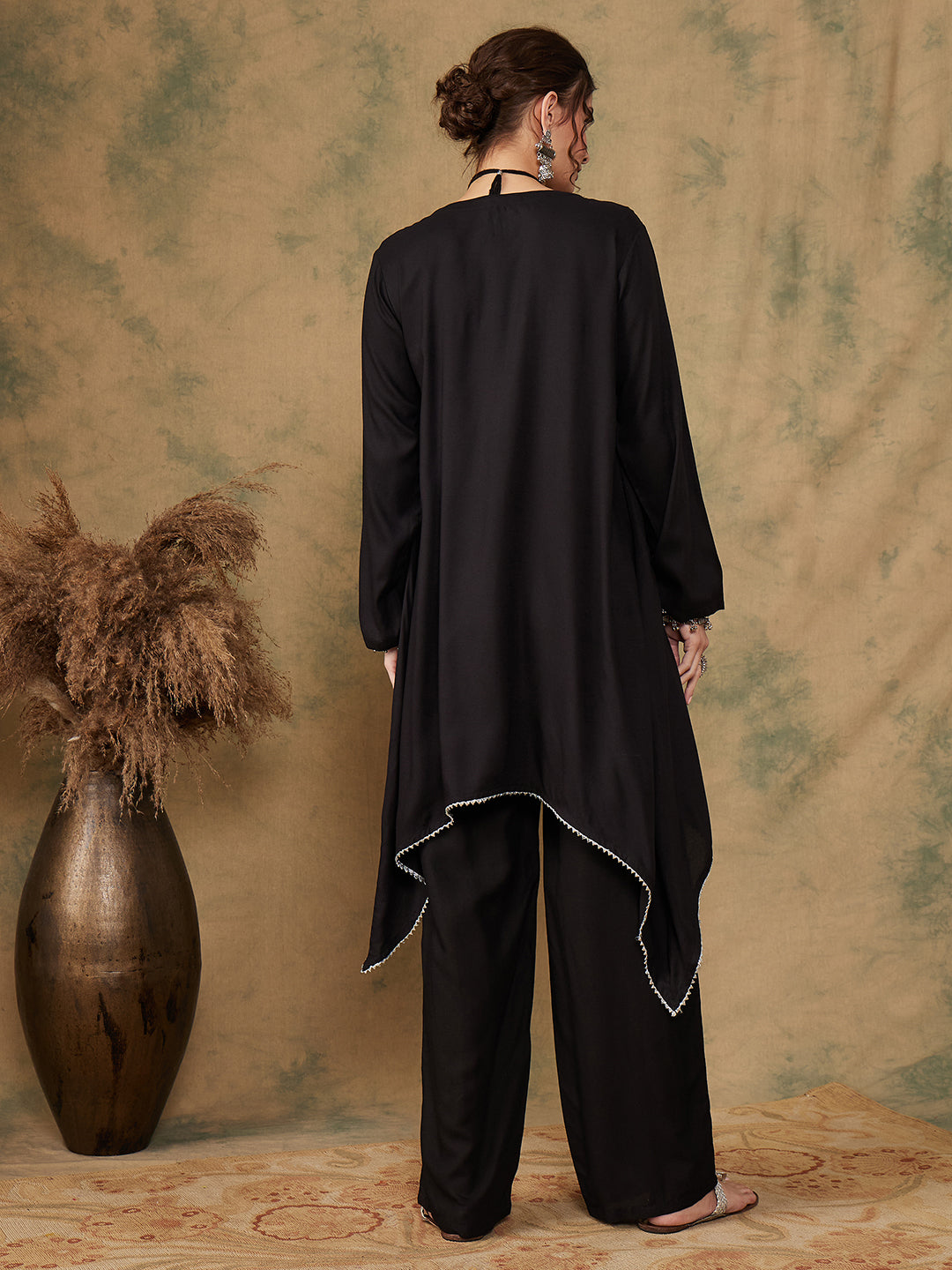InWeave Women's Black Trangle Maroon Patch Work Assymentrical Kurta Set | Grocsy