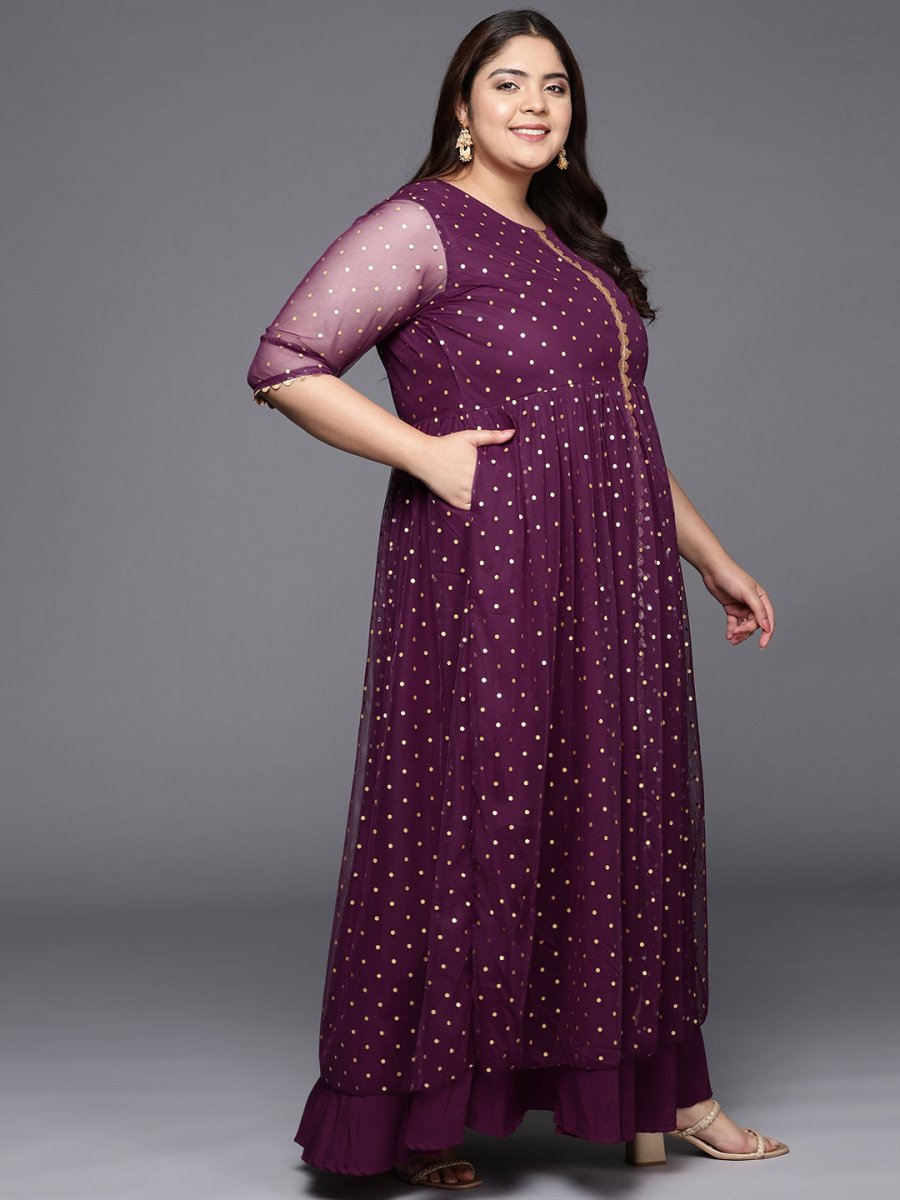 Ahalyaa Plus Size Round neck Net Maxi Ethnic Dress | Grocsy