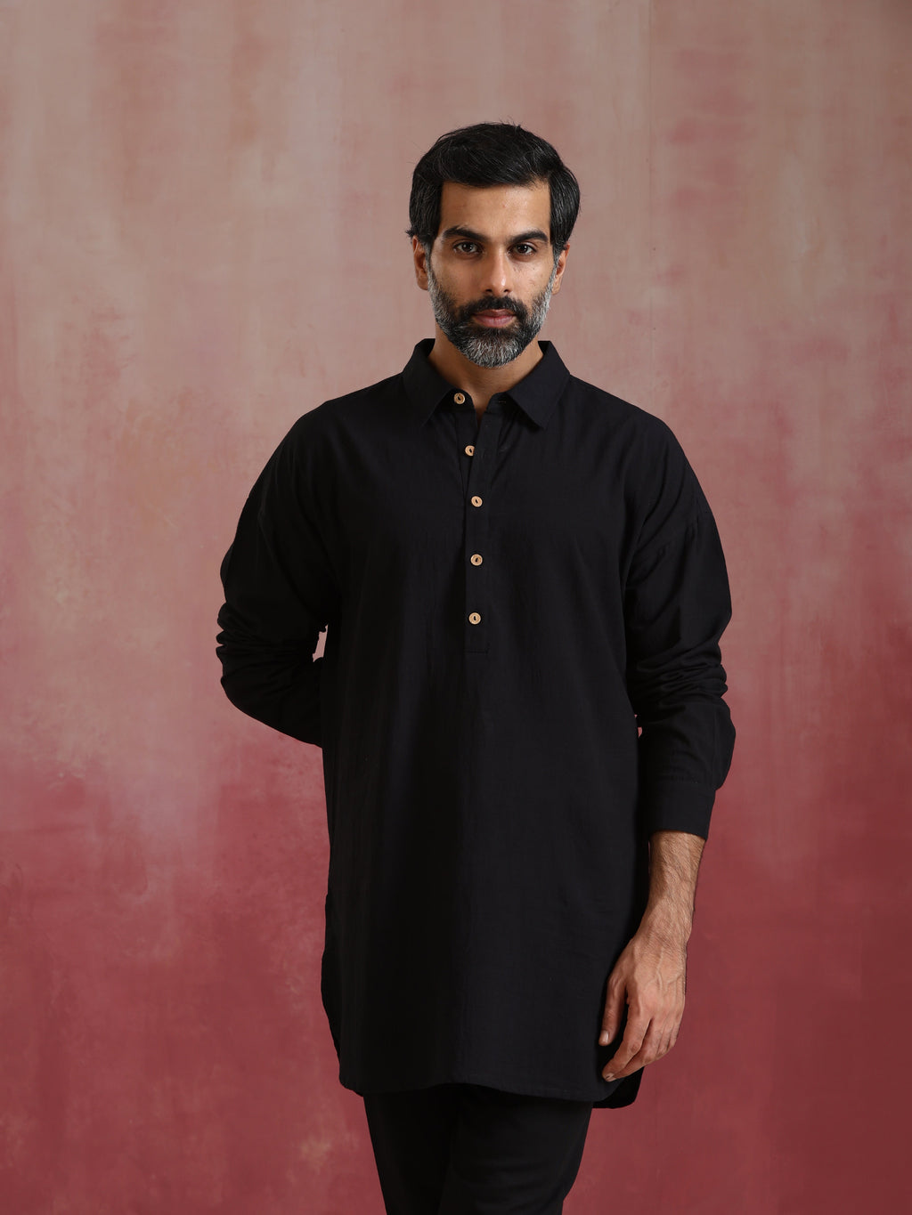 trueBrowns Men's Black Cotton Shirt Collar Stylized Kurta Co-ord set | Grocsy