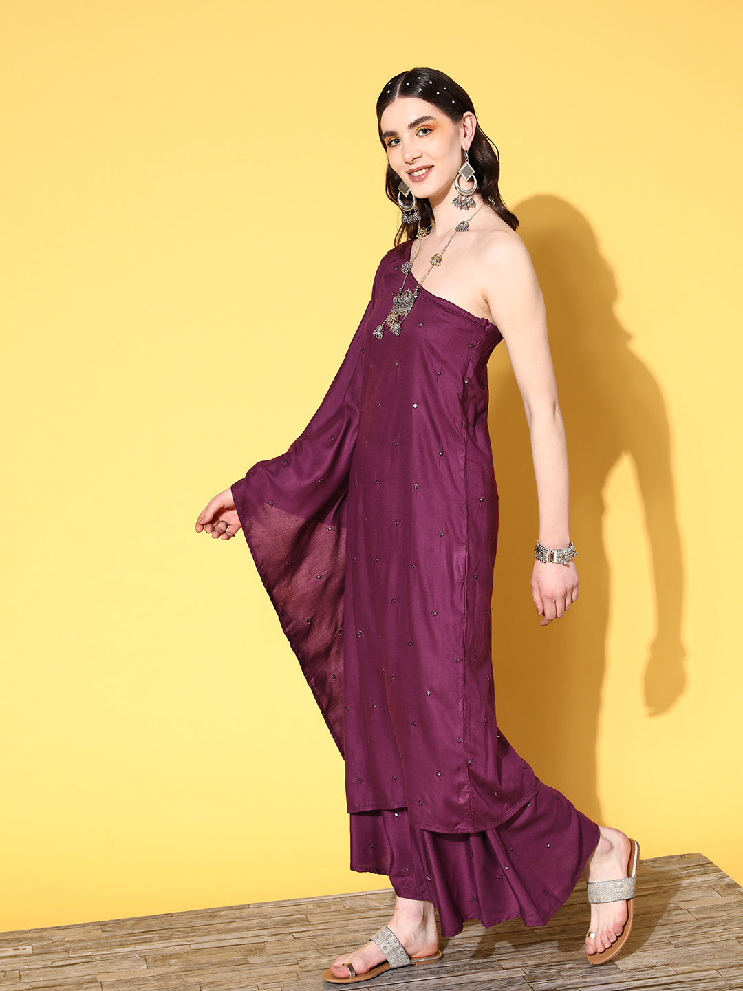 InWeave Women's Wine Mirror Work One Shoulder Kurta Set | Grocsy