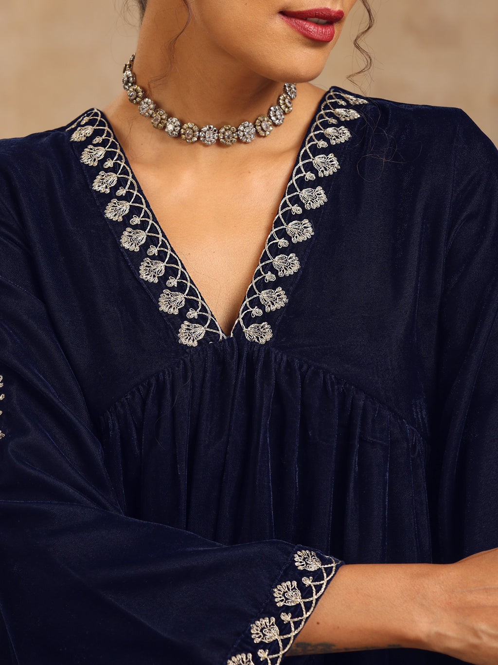 trueBrowns Midnight Blue Velvet Embroidered Kurta | Grocsy