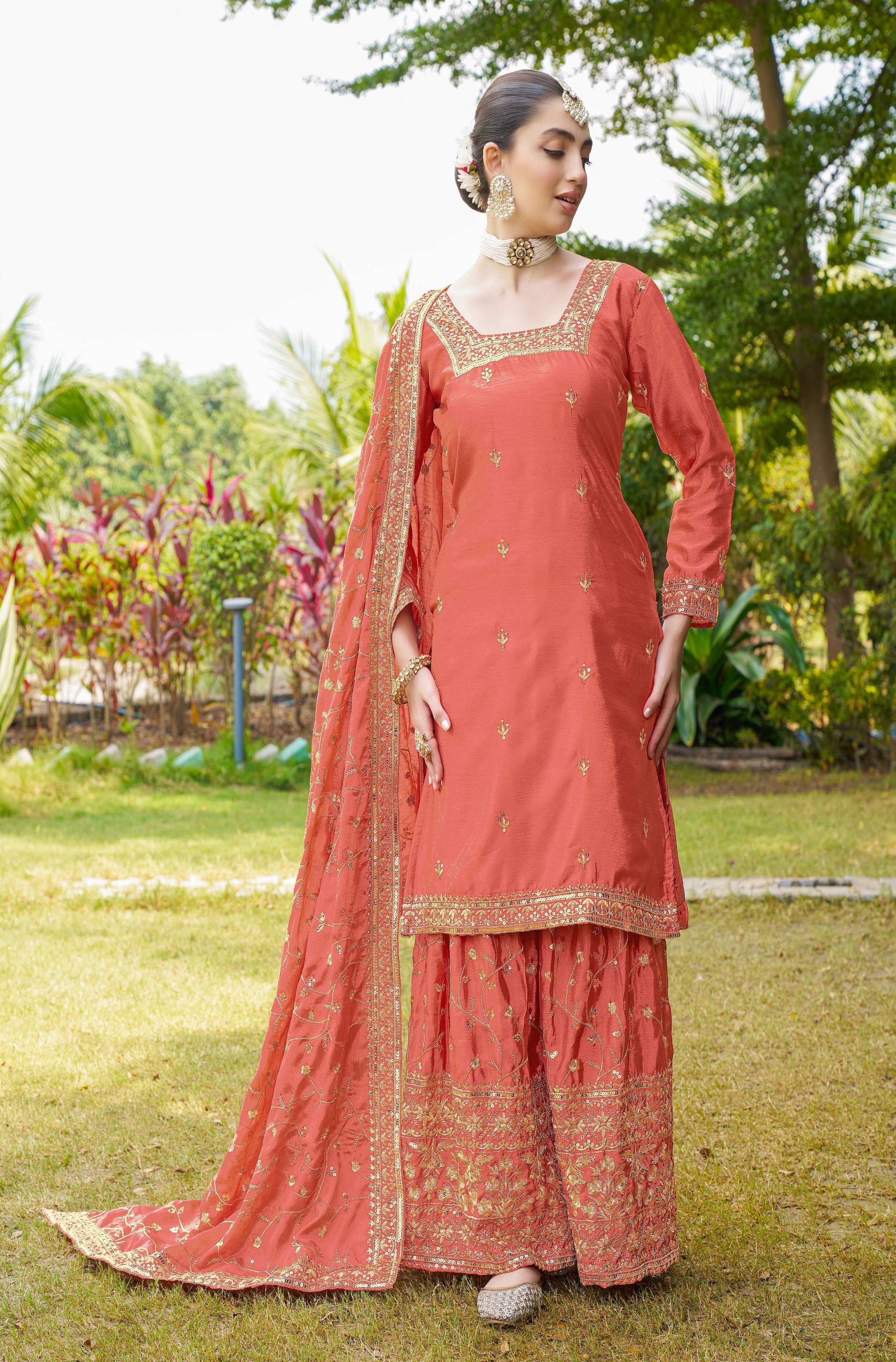 Teeya Creation Orange Color Chinon Silk Heavy Embroidery Work Fully Stitched Salwar Suit | Grocsy