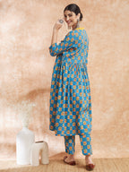 InWeave Women's Blue Orange Floral Yellow White Leh V Neck Kurta Set | Grocsy