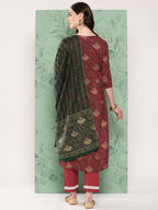 InWeave Women's Long Kurta Set Rust Ajrakh With Green Ajrakh Dupatta | Grocsy