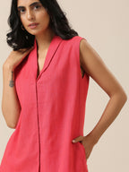 trueBrowns Bright Pink Slub Texture Sleevesless Jacket Pant Set | Grocsy